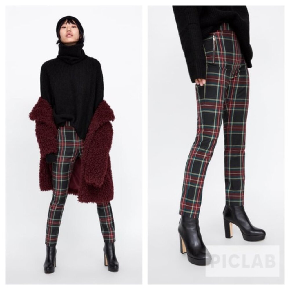 Zara Plaid Skinny Ankle Pants With Zipper Detail Size S EUC
